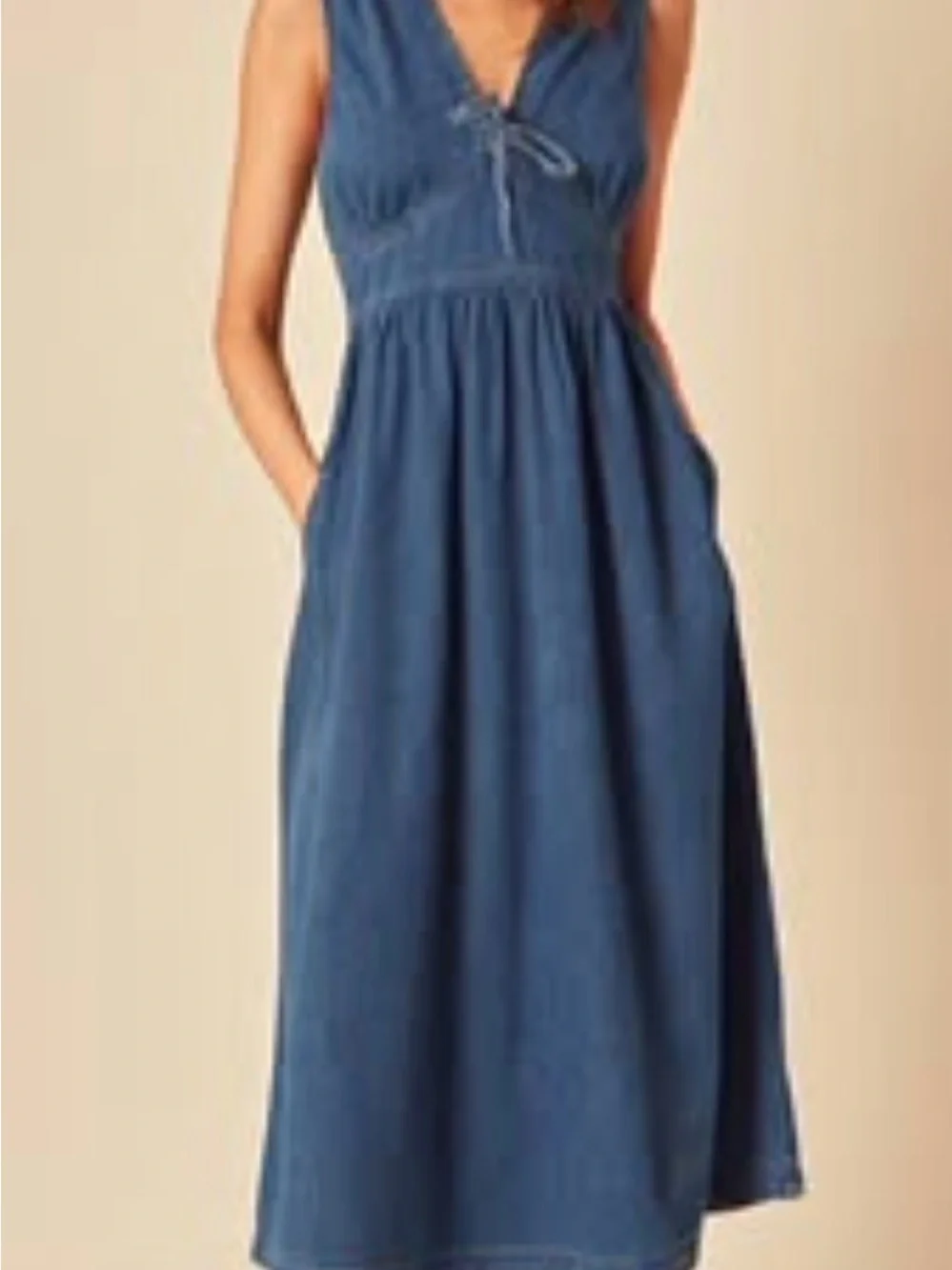 Sleeveless Denim-Style Maxi Dress with Tie Front in Blue